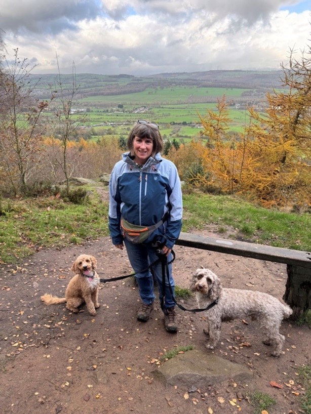 Linda out on a walk with her two dogs